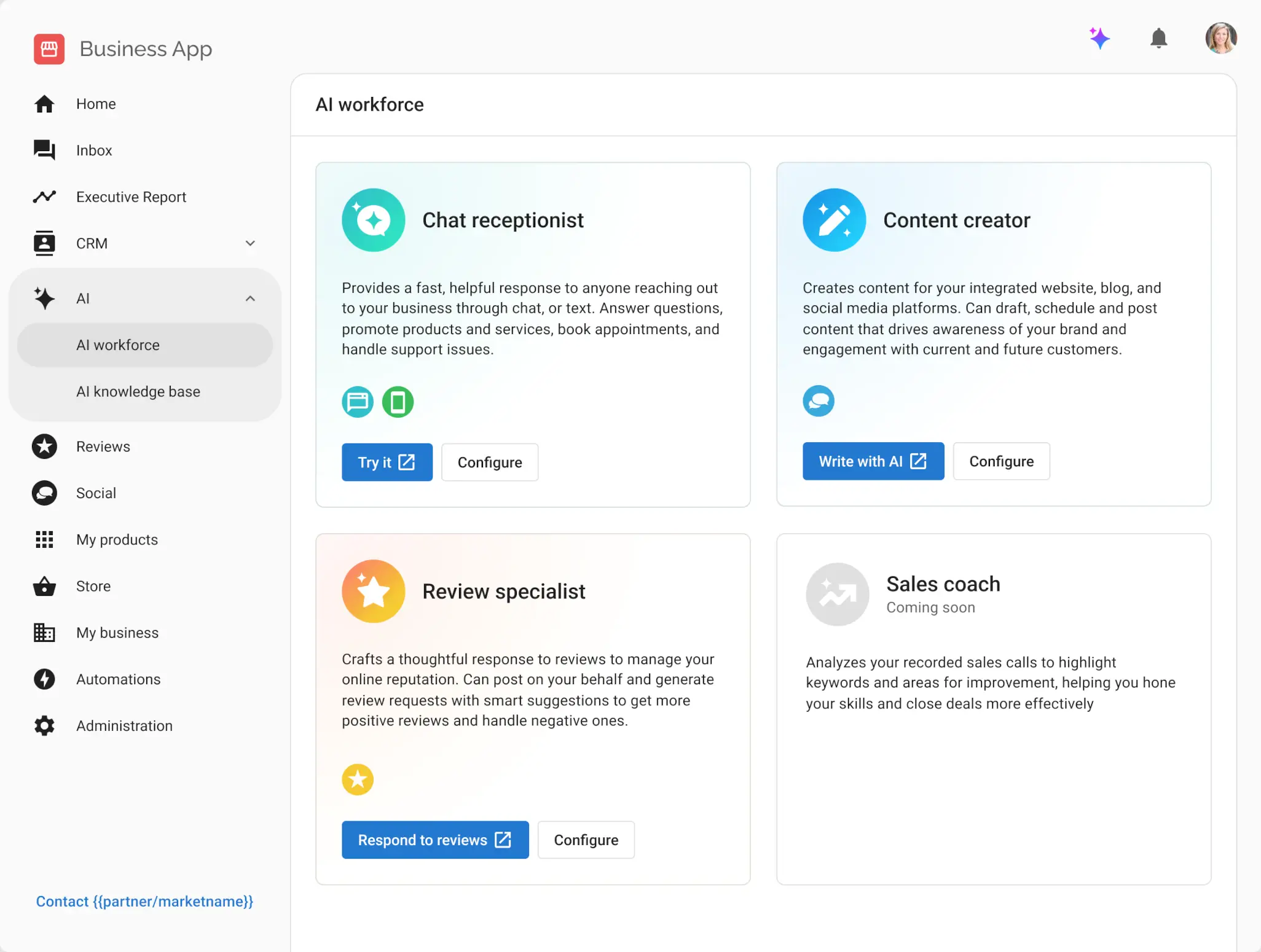 Screen showing cards representing different AI assistants