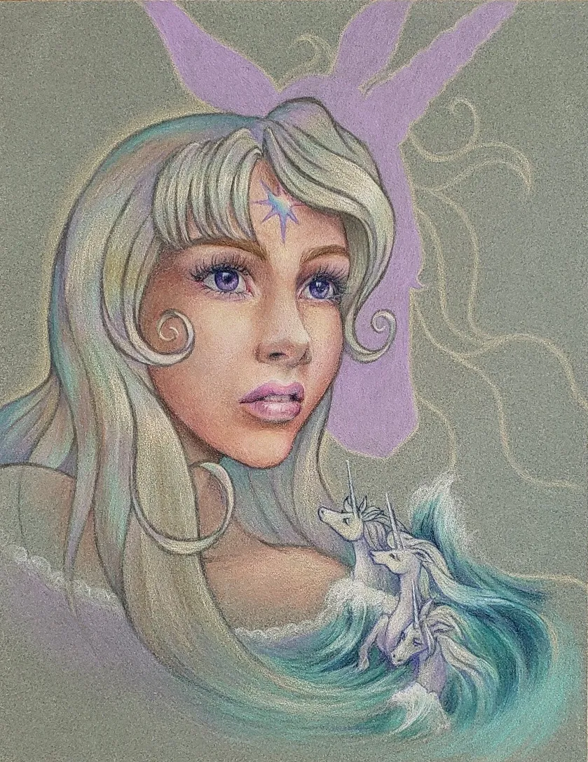 Portrait of Amalthea from the Last Unicorn with a unicorn silhouette in the background and three small unicorns in a wave in the corner