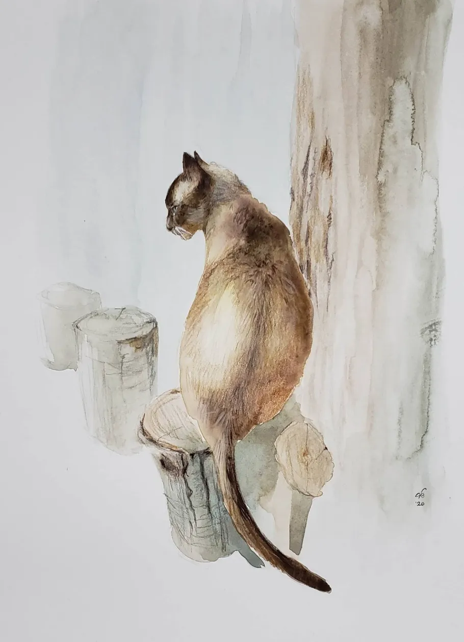 Siamese cat sitting on a stump by a tree, facing away, head turned to the side