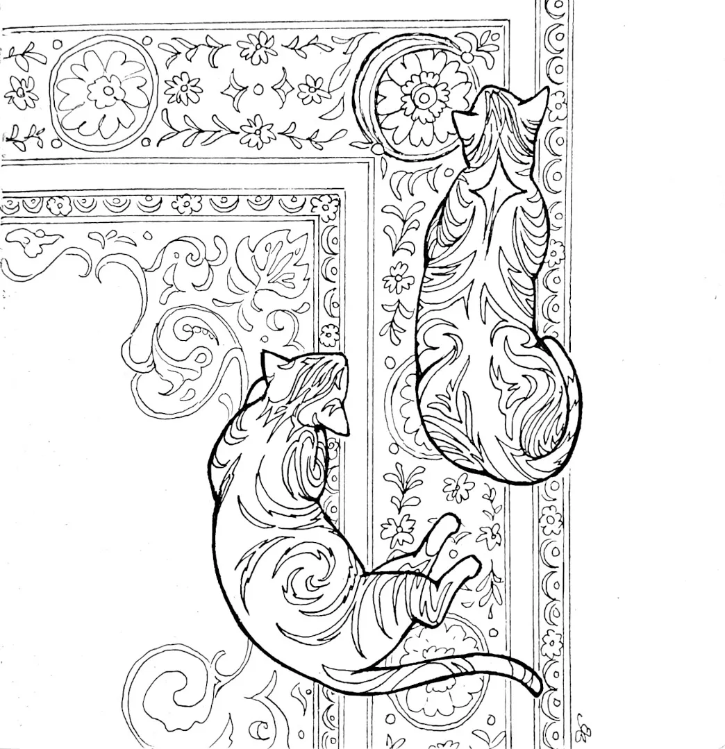 Black and white drawing of two stylized striped cats on a floral patterned rug