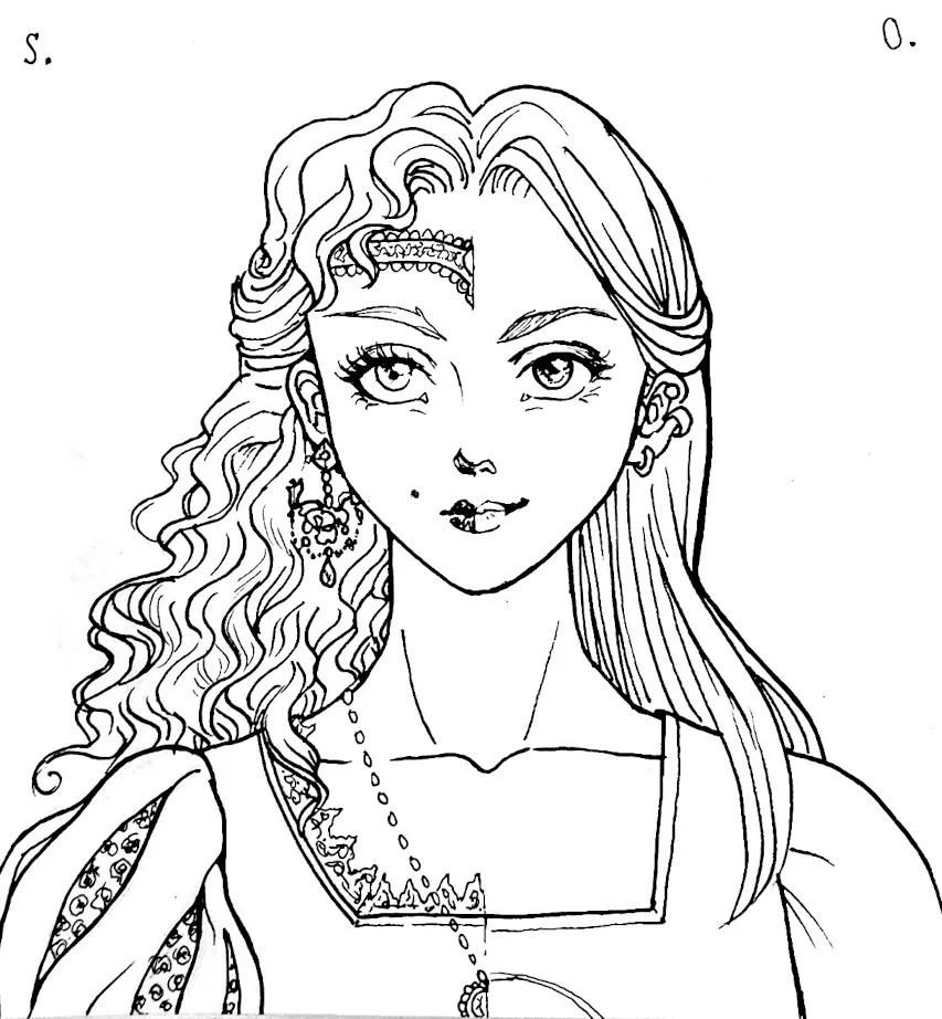 Cartoon/anime style line drawing of a woman character with different hair and clothes on either side, representing twins