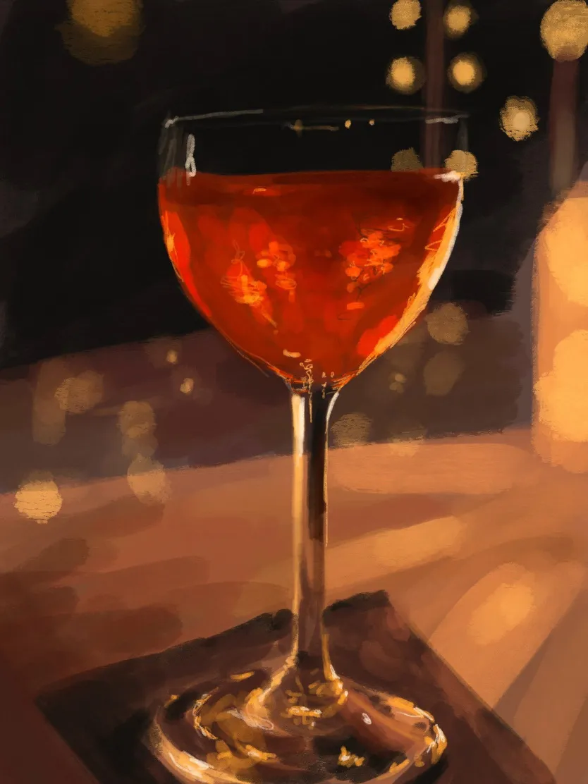 Digital rendering of a red cocktail in a stemmed glass at a bar