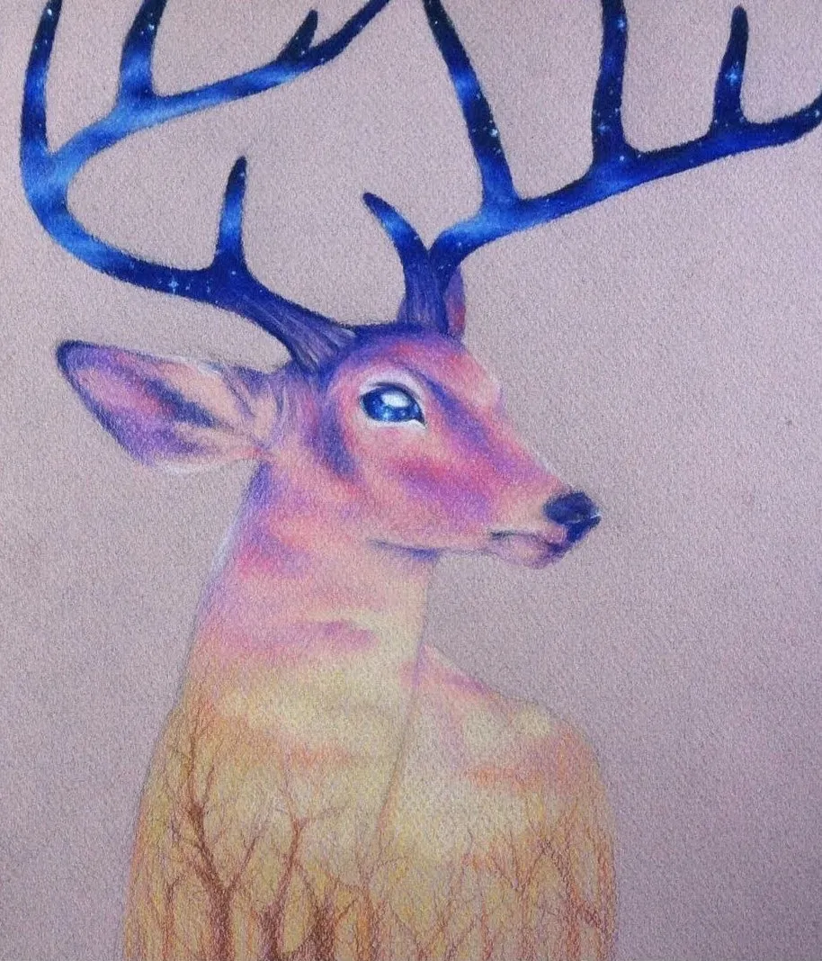 Deer shape containing a sunrise sky gradient up into stars in its eye and antlers