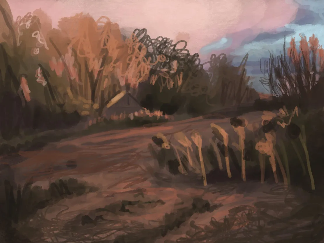 Scribbly digital painting of sunflowers and a plowed field with line of trees, shed, and pink sunset clouds