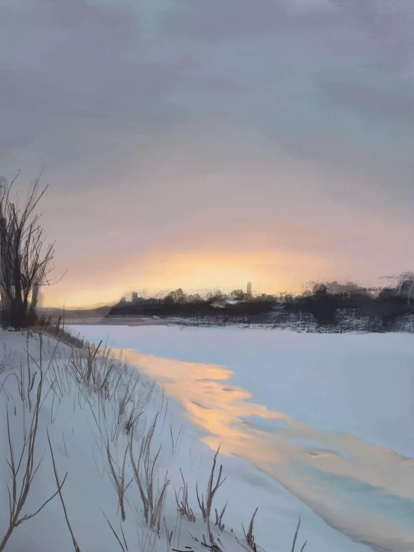 Sketchy digital painting of a frozen river at sunset, mostly covered in snow but for one glossy ice ridge. Twiggy shrubs on the bank.