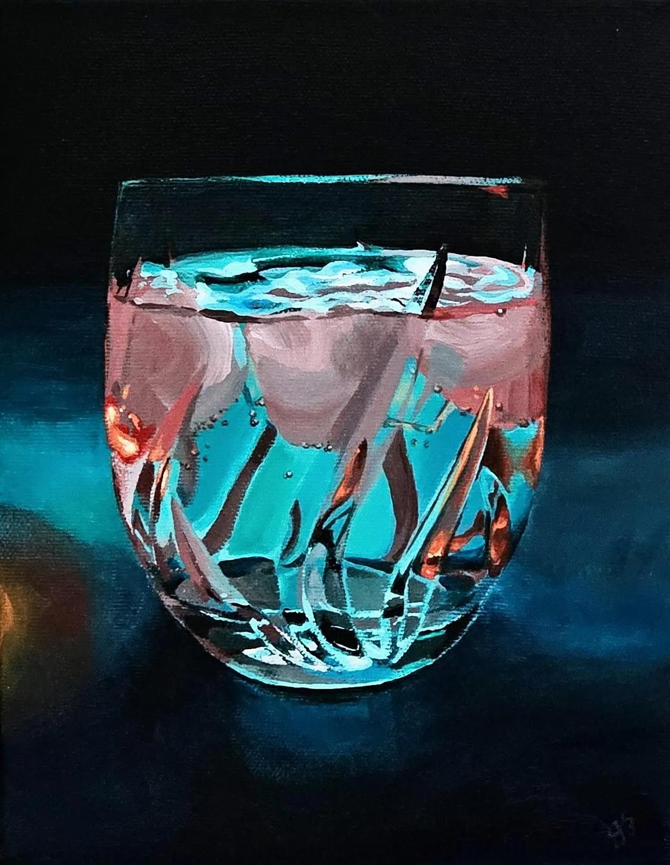 Close up painting of a clear cocktail on a blue table in a tumbler with ice cubes that appear pink lit from the red light off to the side.