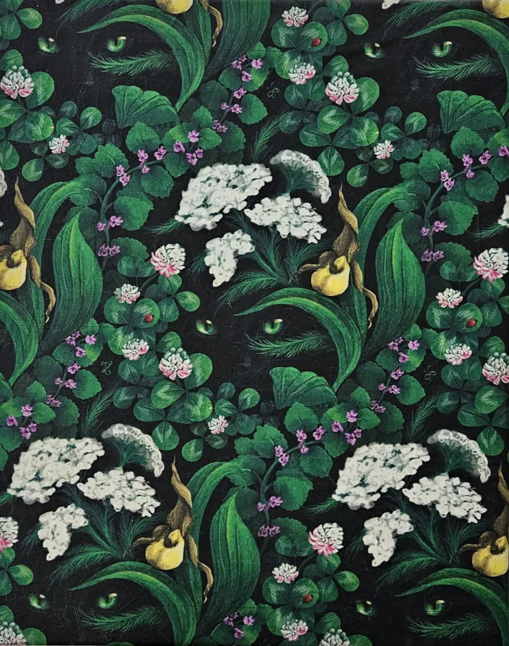 Repeating image of some plants (clover, yarrow, lady slipper, ground ivy) with a black cat peeking out.