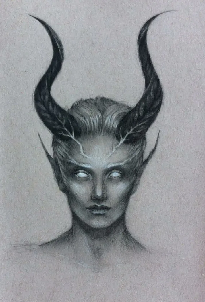 Shoulders up portrait of a man with two black horns, white eyes, pointy ears