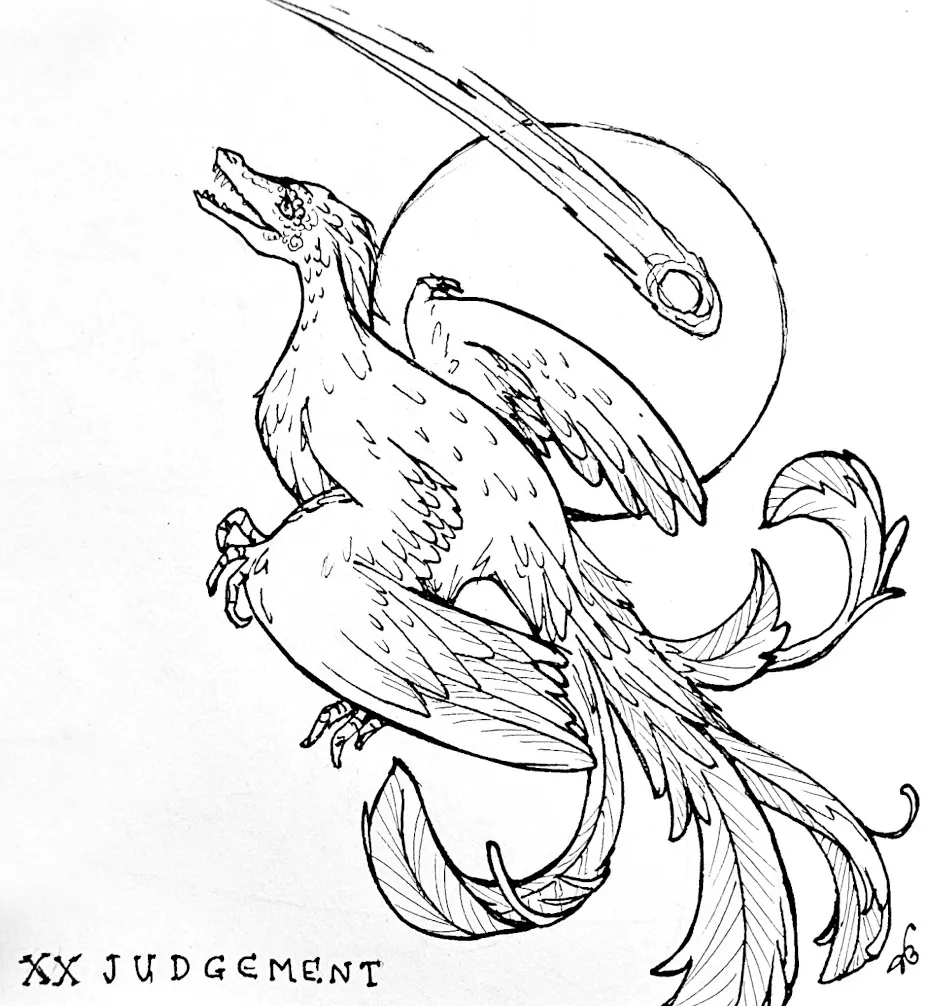 Line drawing of a dinosaur/phoenix creature in front of a falling meteor.