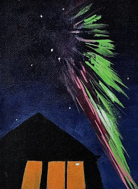 Painting of green and pink northern lights above a dark house with orange windows