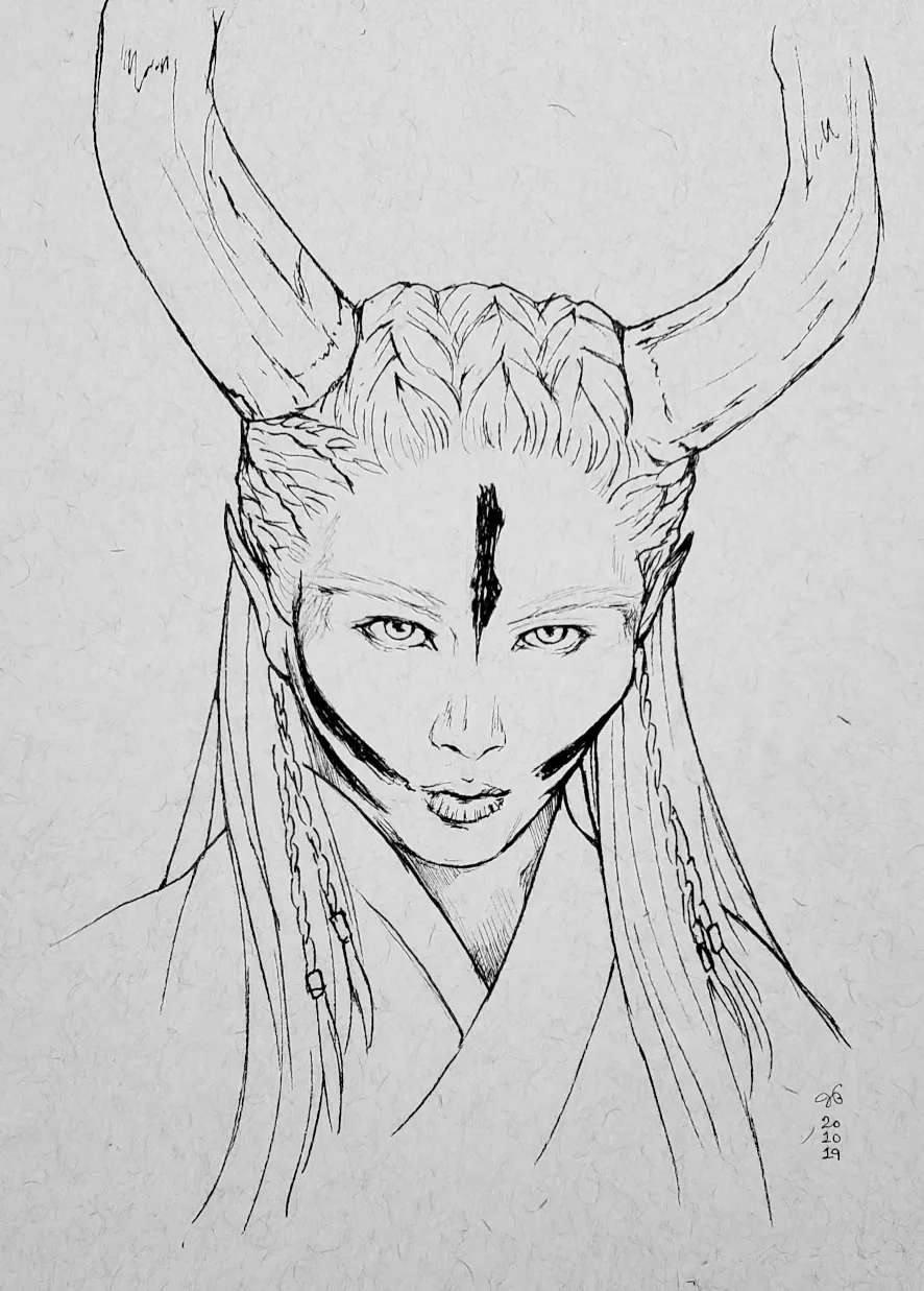Inked line portrait of Miyavi in costume as Udo, a fairie with horns