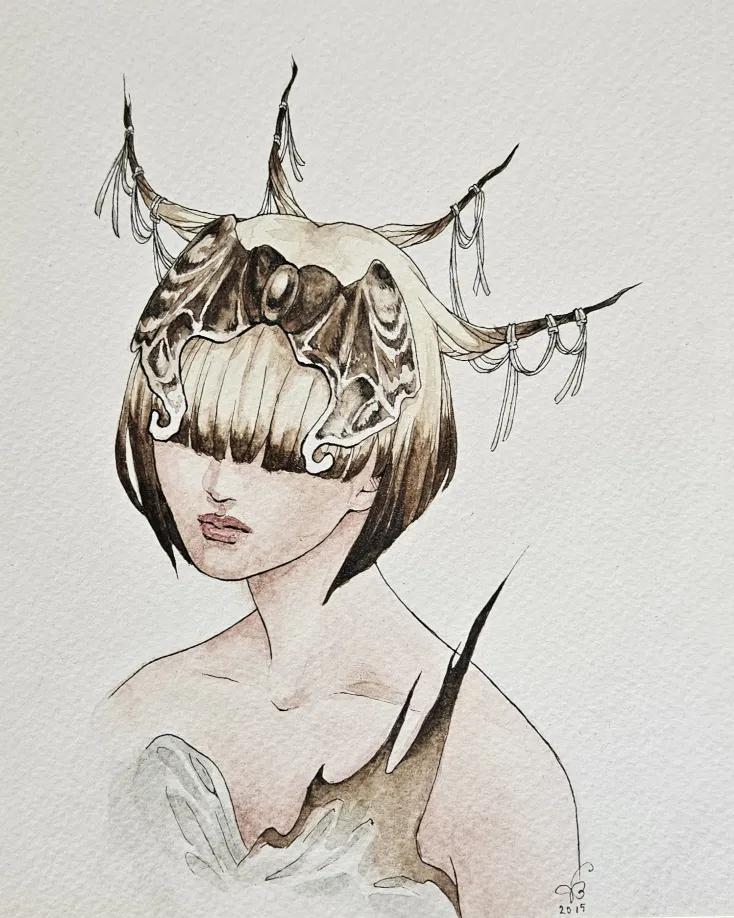 Portrait of a woman wearing a moth-inspired headdress, her bangs cover her eyes and her hairstyle forms moth legs.
