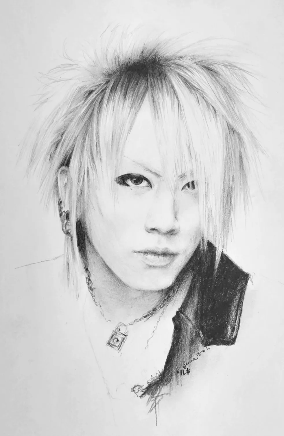 Black and white pencil portrait of Ruki, singer of the Gazette, circa 2005