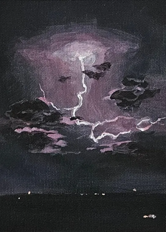 Painting of cloud lightning with purple glow in a black sky over some tiny lights below