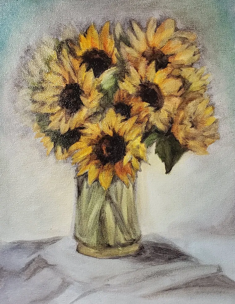 Painting of a vase of sunflowers
