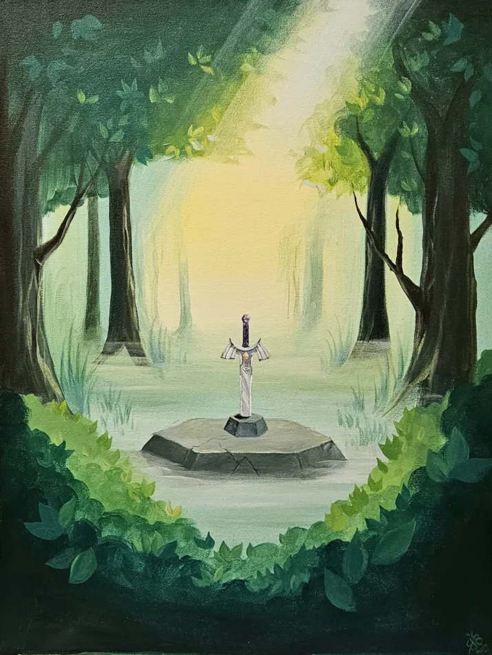 The master sword in a light beam in a forest clearing