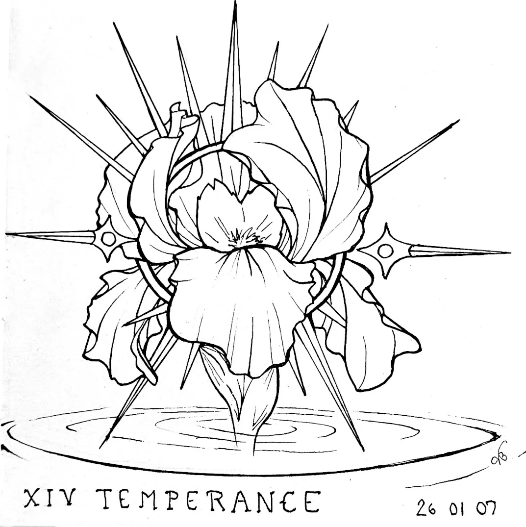 Stylized line drawing of an iris flower with a spiky halo hovering over a ripple