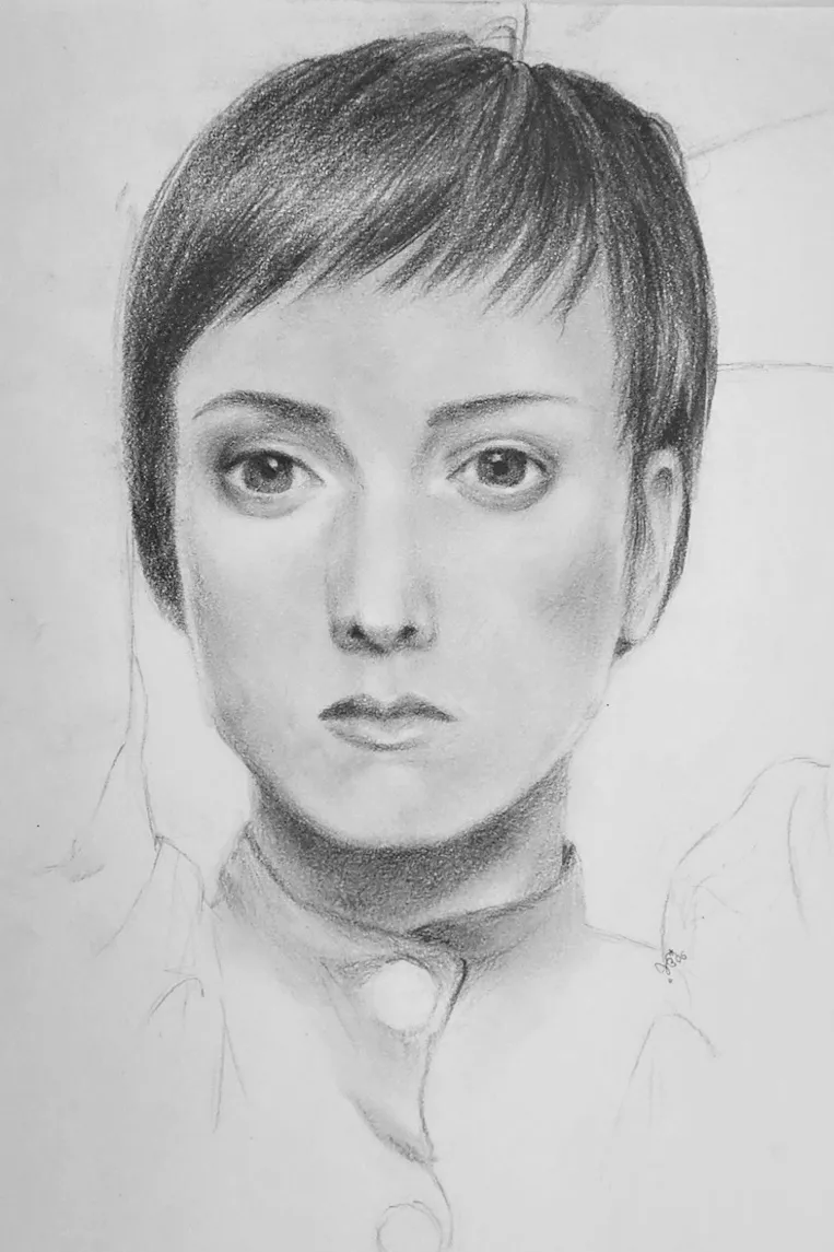 Portrait of a woman with short hair, small mouth, and big eyes