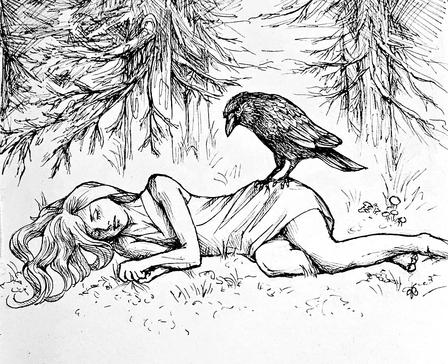 A woman sleeping on the forest floor being pestered by a large black bird