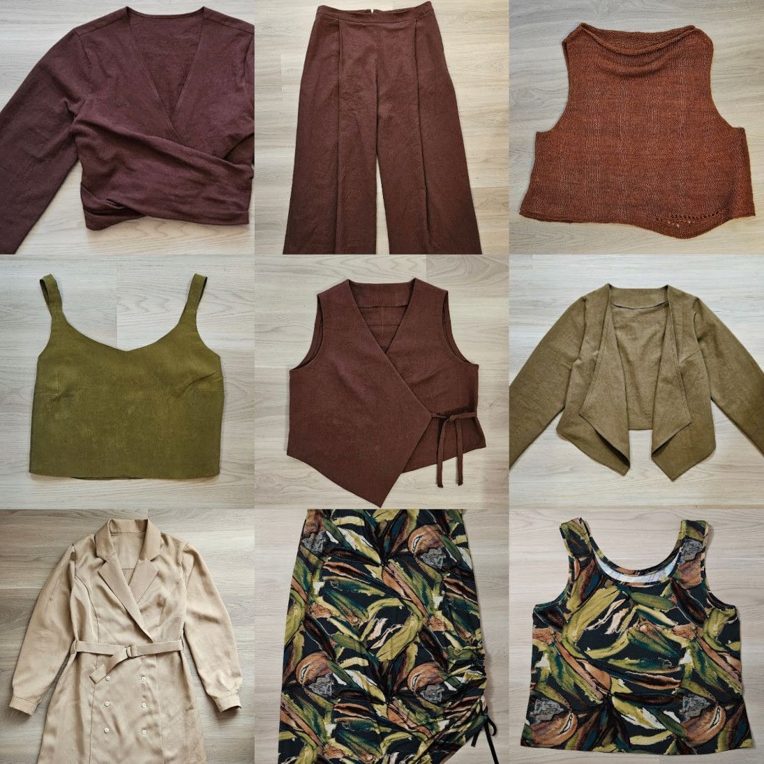 Nine images of clothing items, mostly tops