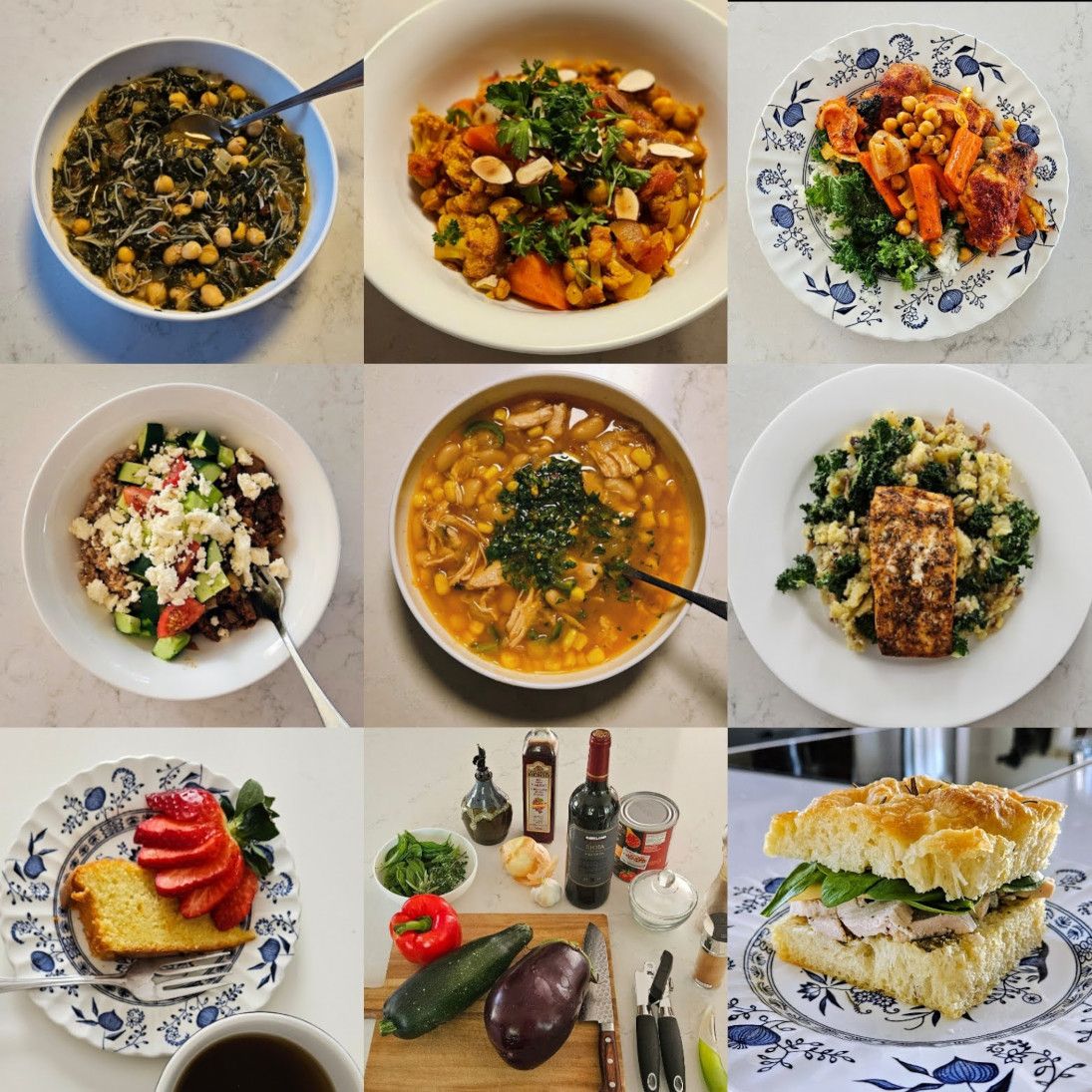 Nine images of soups and plated meals