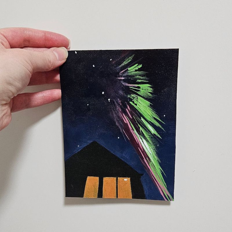 Painting of stylized northern lights above a house