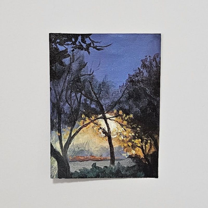 Painting of autumn trees with fog and streetlamp