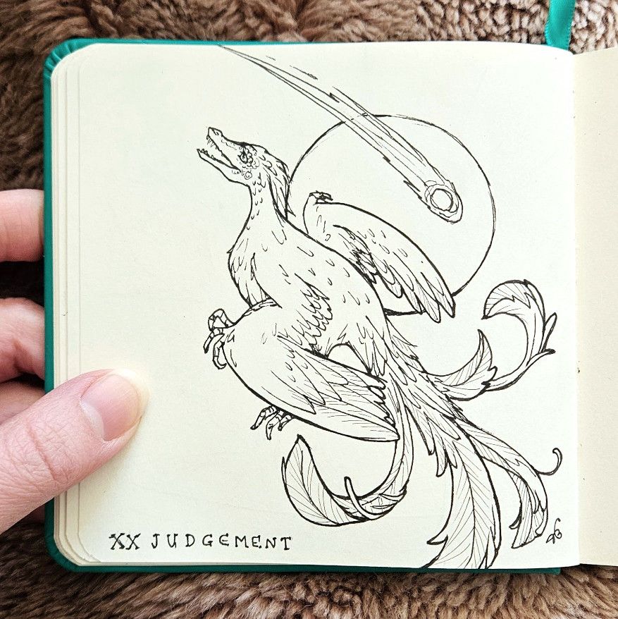 Phoenix-looking dinosaur-like creature witnessing a meteor