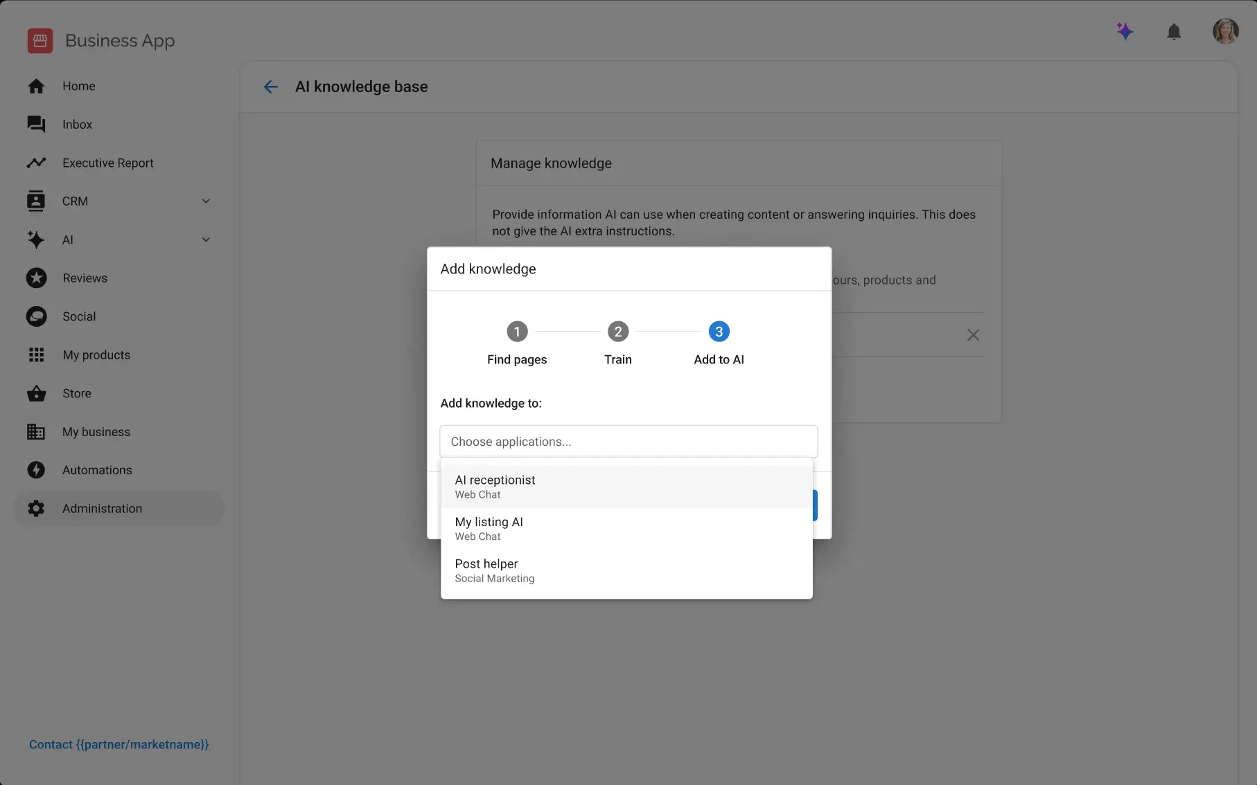 Screen for adding website content to AI, with list of existing content in background