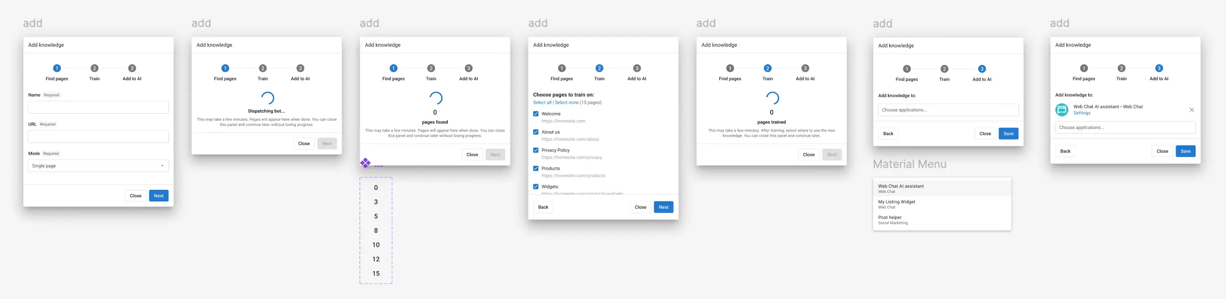 Zoomed out view of seven steps of the prototyped add content flow