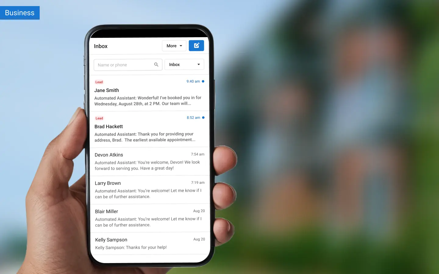 Business owner's phone shows conversation between their customer and AI assistant