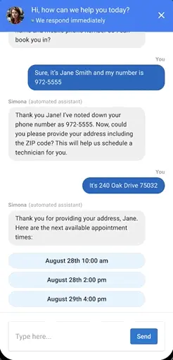Phone screen with web chat messages between a customer and AI