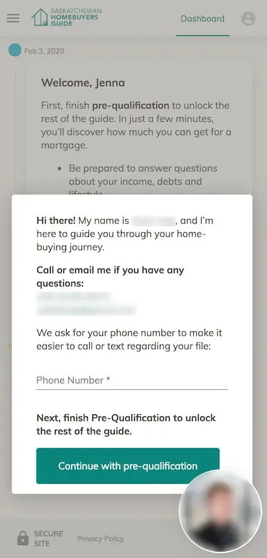 Welcome screen asking for phone number