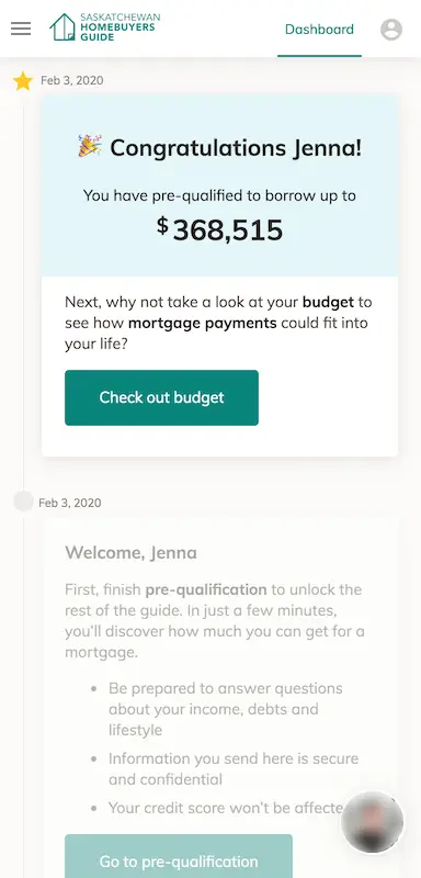 Message showing congratulations and a morgage pre-qualification amount