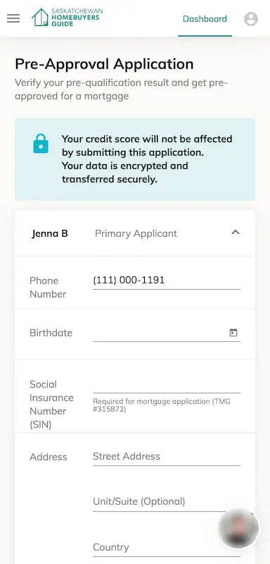 Screen showing mortgage pre-approval form