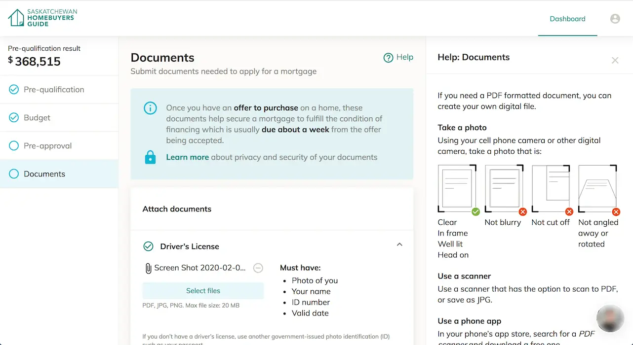 Screen showing requirements for one document and instructions on how to take a picture of it