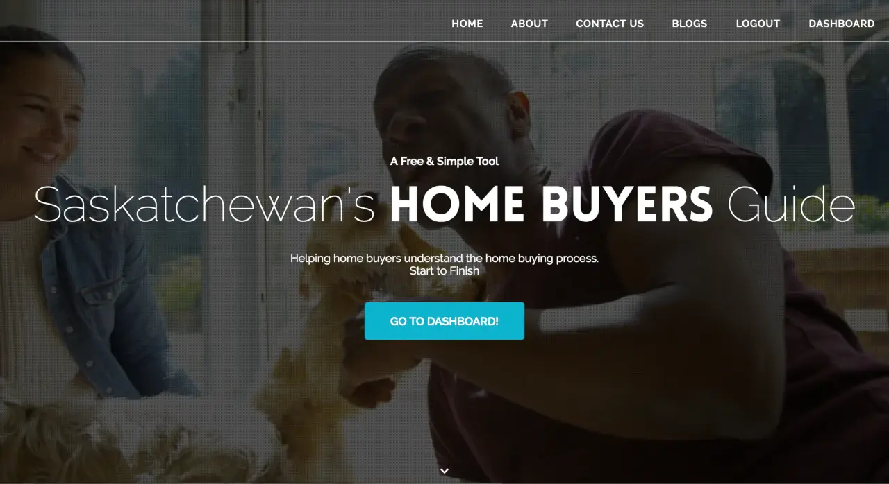 Website with background image of a smiling woman and man playing with puppies behind a sheer black overlay.