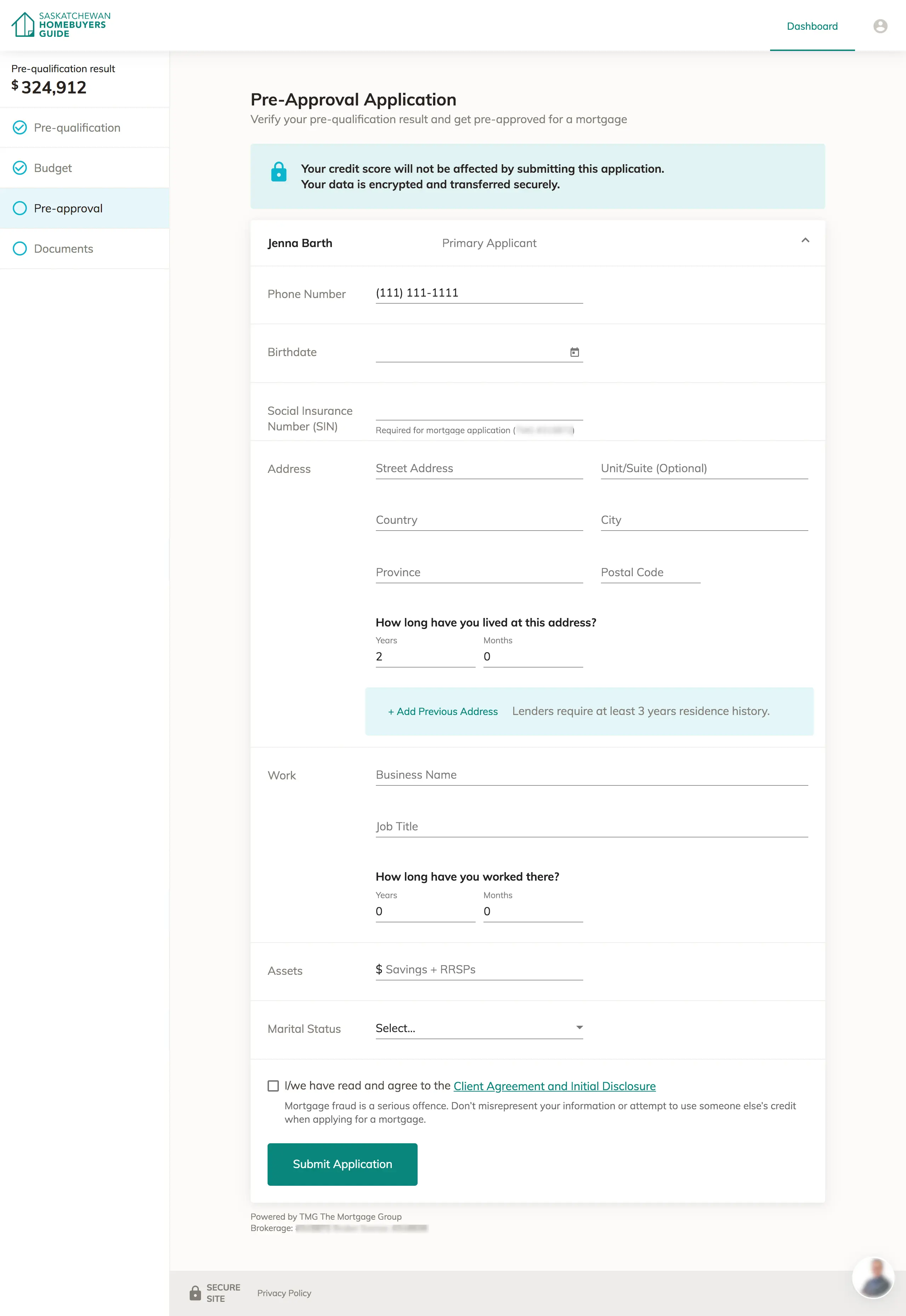 Screen showing full mortgage pre-approval form