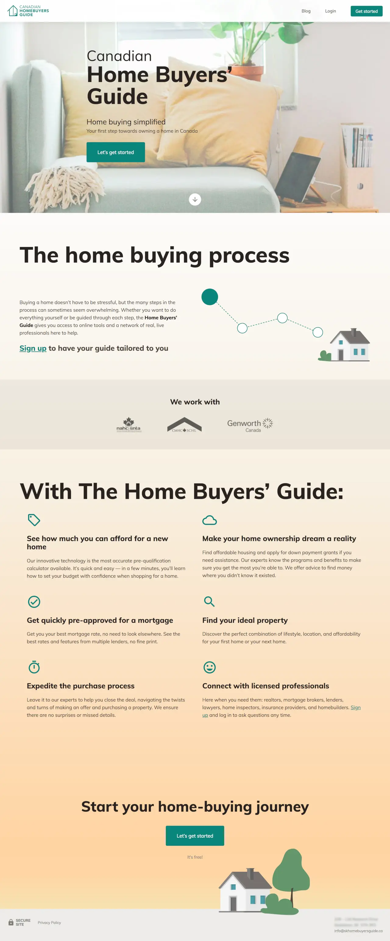 Website with background image of a cozy couch near a window, a plant, and charging tablet behind a white overlay