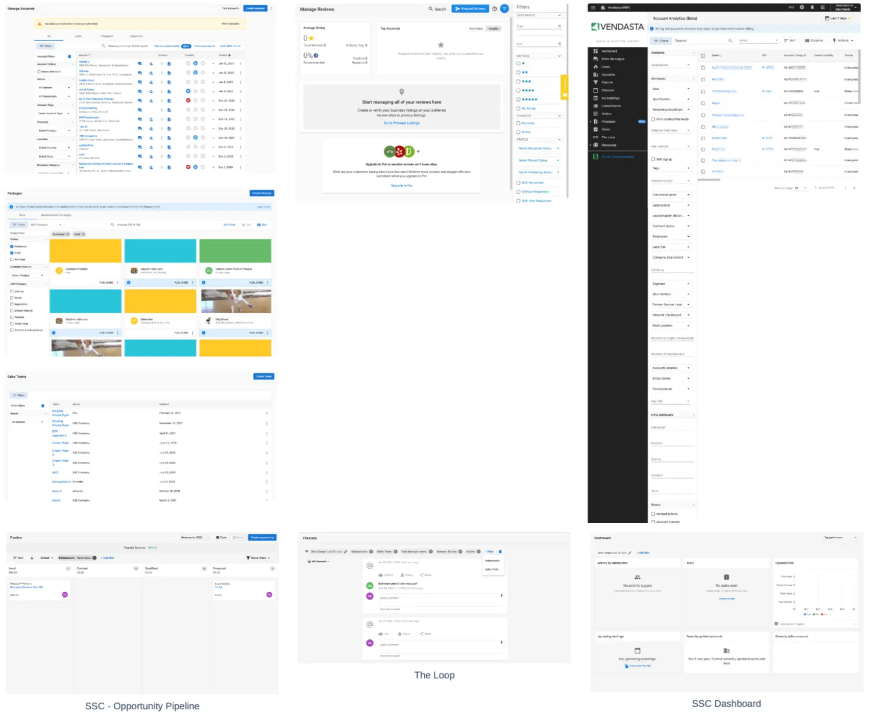 Zoomed out view of 8 different pages using tables and filters