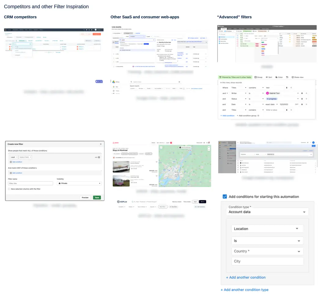 Zoomed out view of 6 different websites' filters