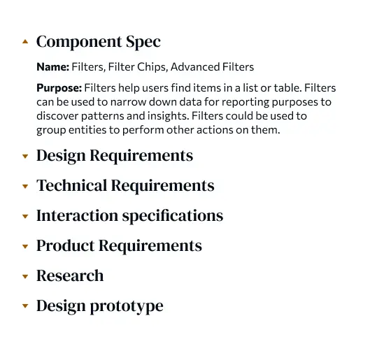 List of items in the component spec - name, purpose, design, technical, interaction, and product requirements